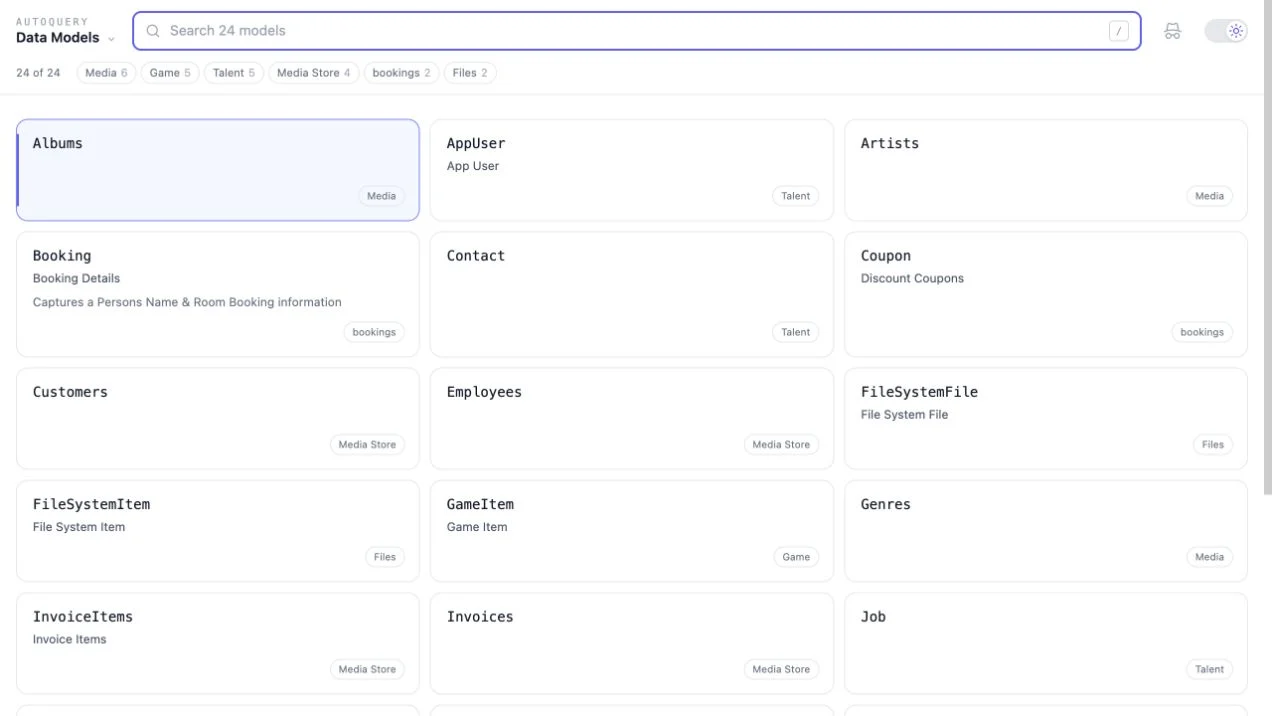 Searchable AutoQuery data model gallery