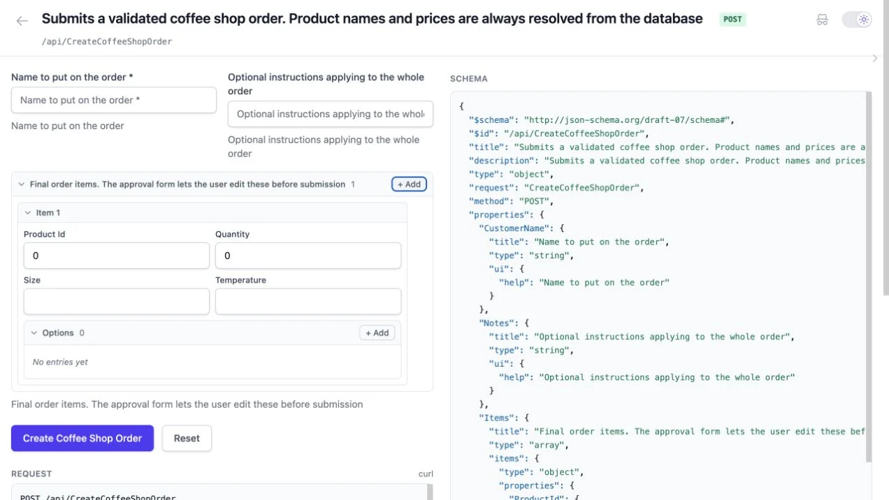 Schema-generated approval form in AI Chat