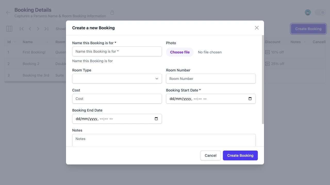 Schema-generated Create Booking form