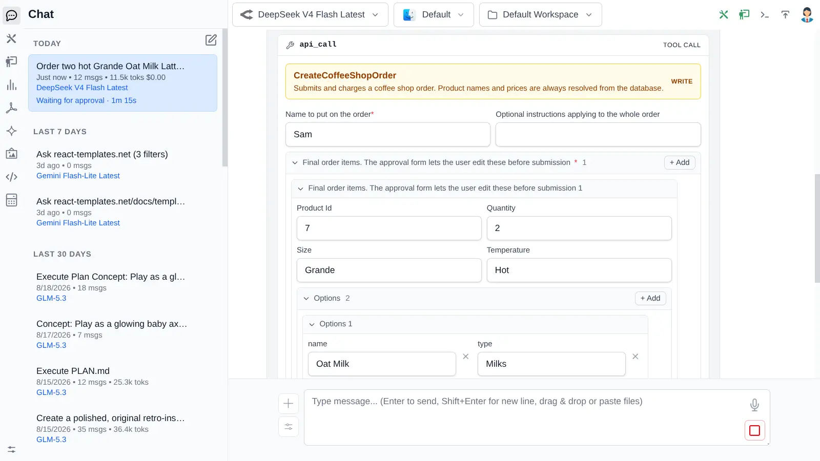 Schema-generated approval form in AI Chat