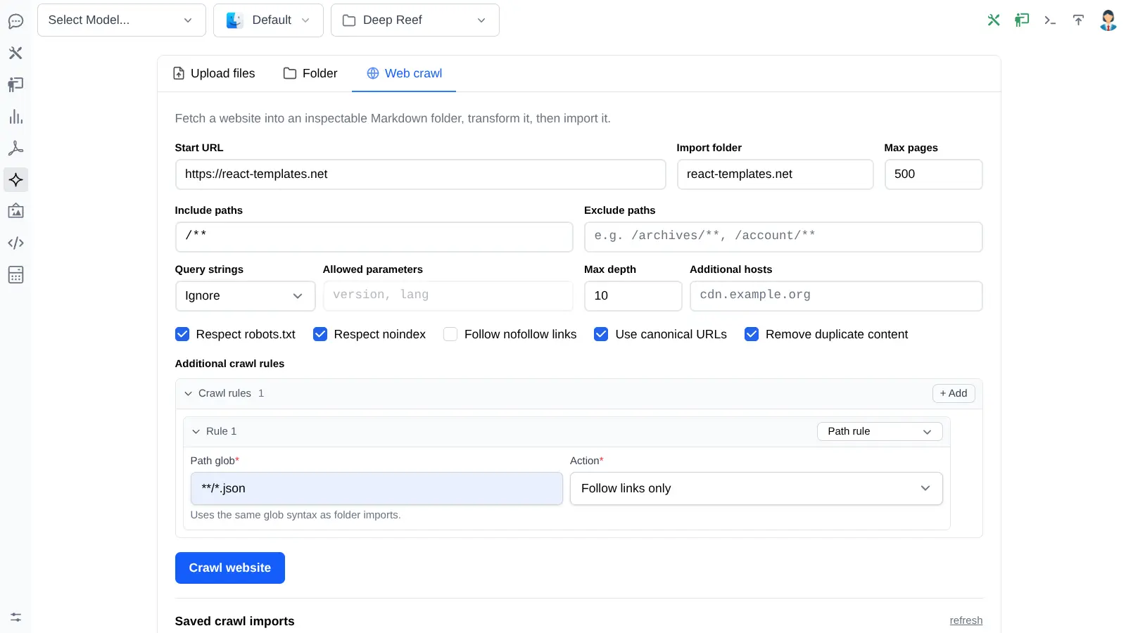 Web crawl configuration with allowed link boundaries and page limits