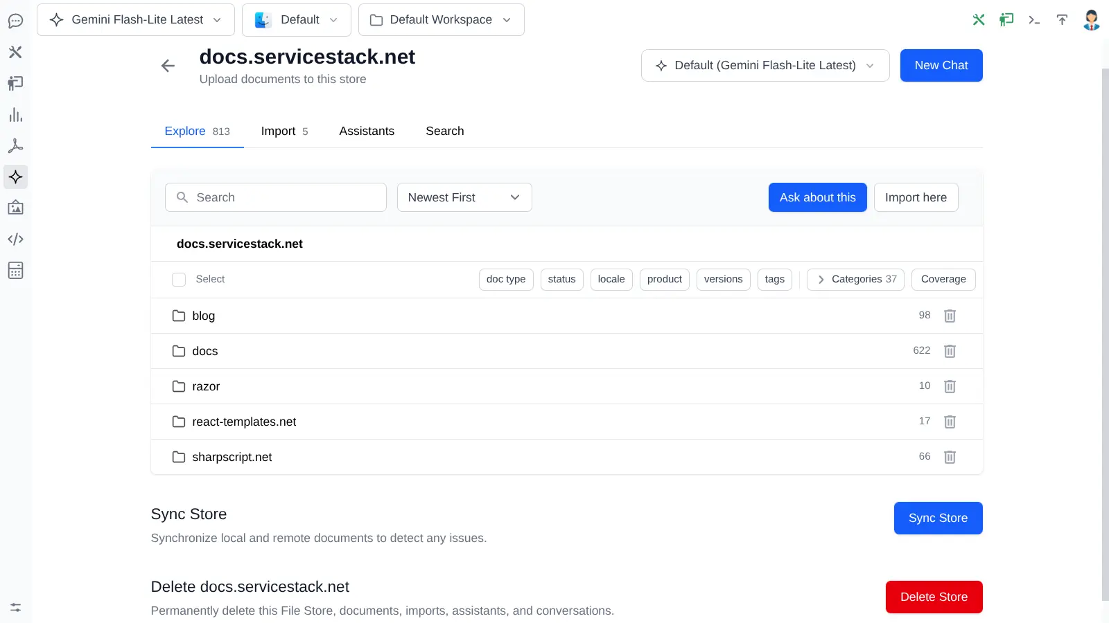 Explore tab showing blog, docs, razor, react-templates.net and sharpscript.net folders in a single File Store