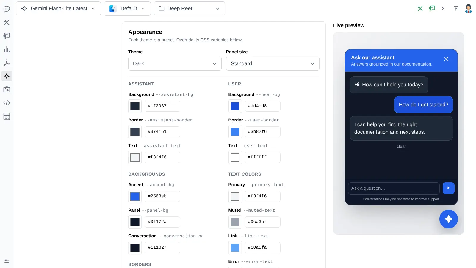 Assistant widget in the dark theme