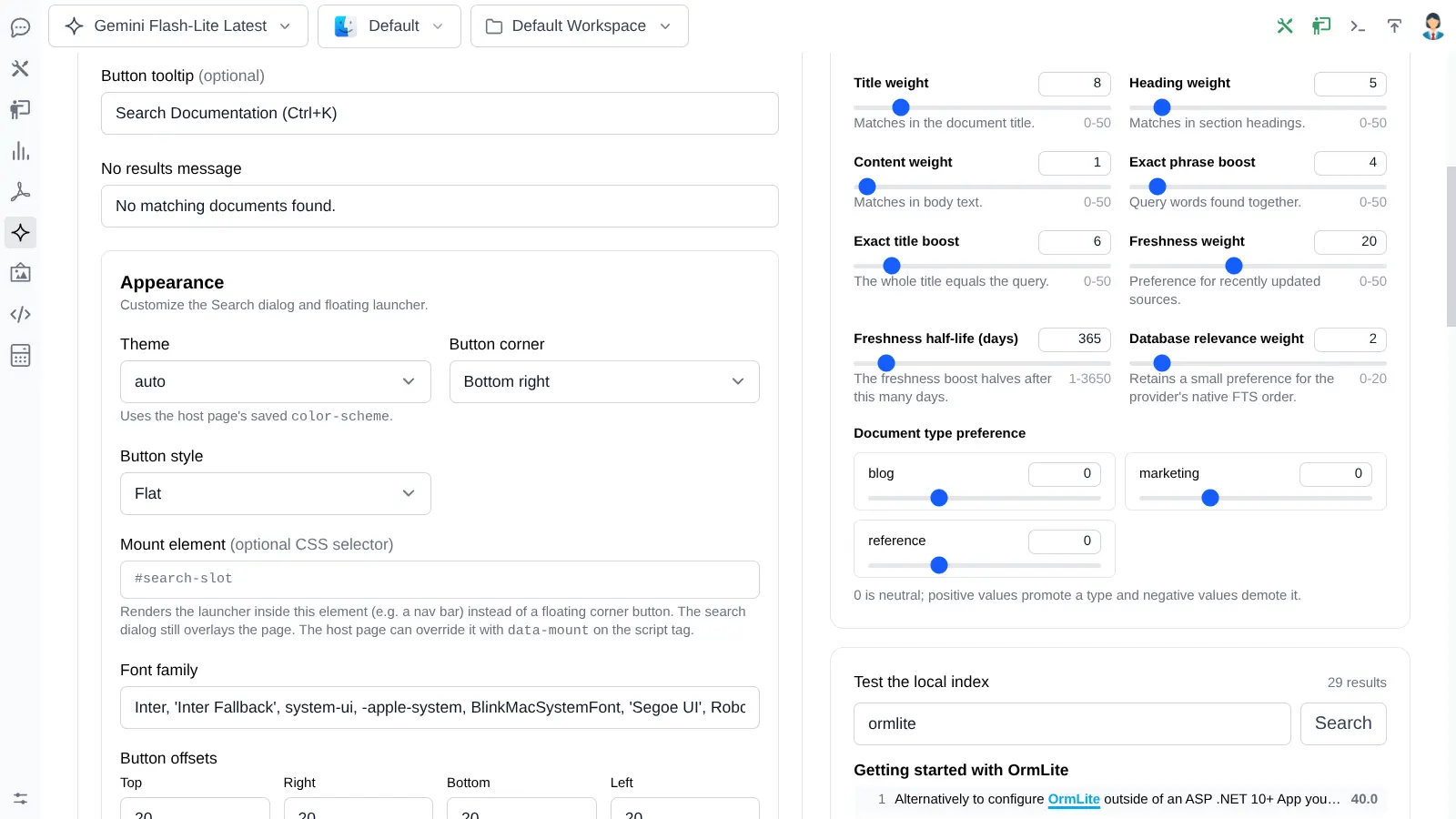 Search ranking weights beside a live result preview