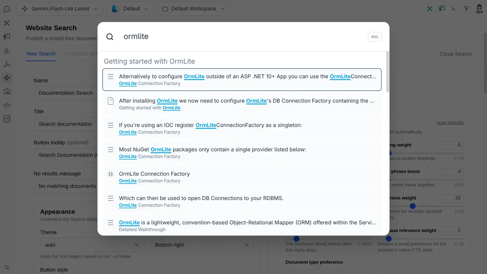 The published Search widget open on a website