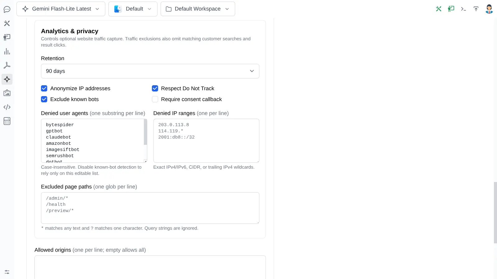 Analytics privacy controls including denied agents, IP ranges and excluded paths