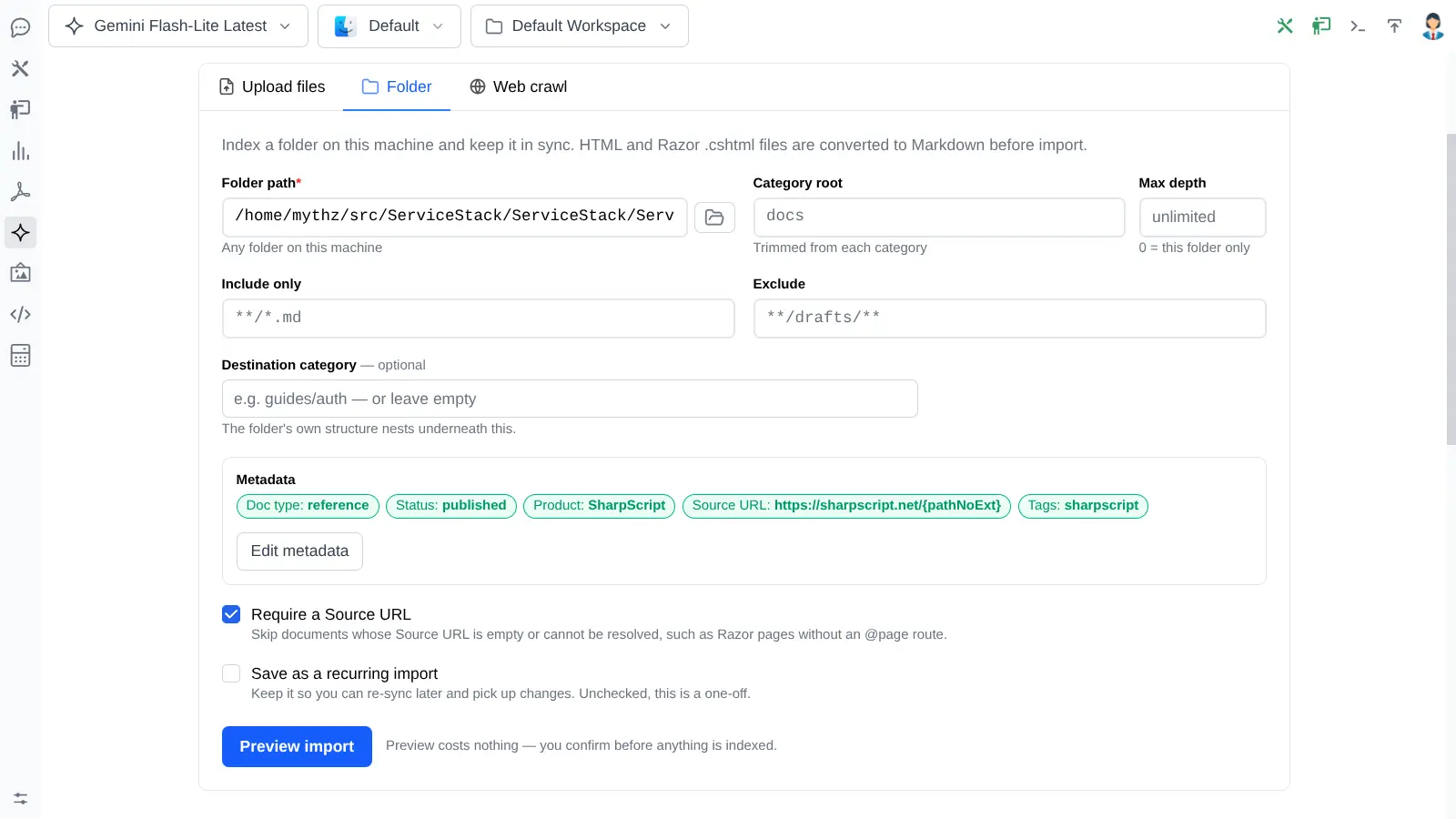 Folder import of SharpScript reference docs with SharpScript product metadata