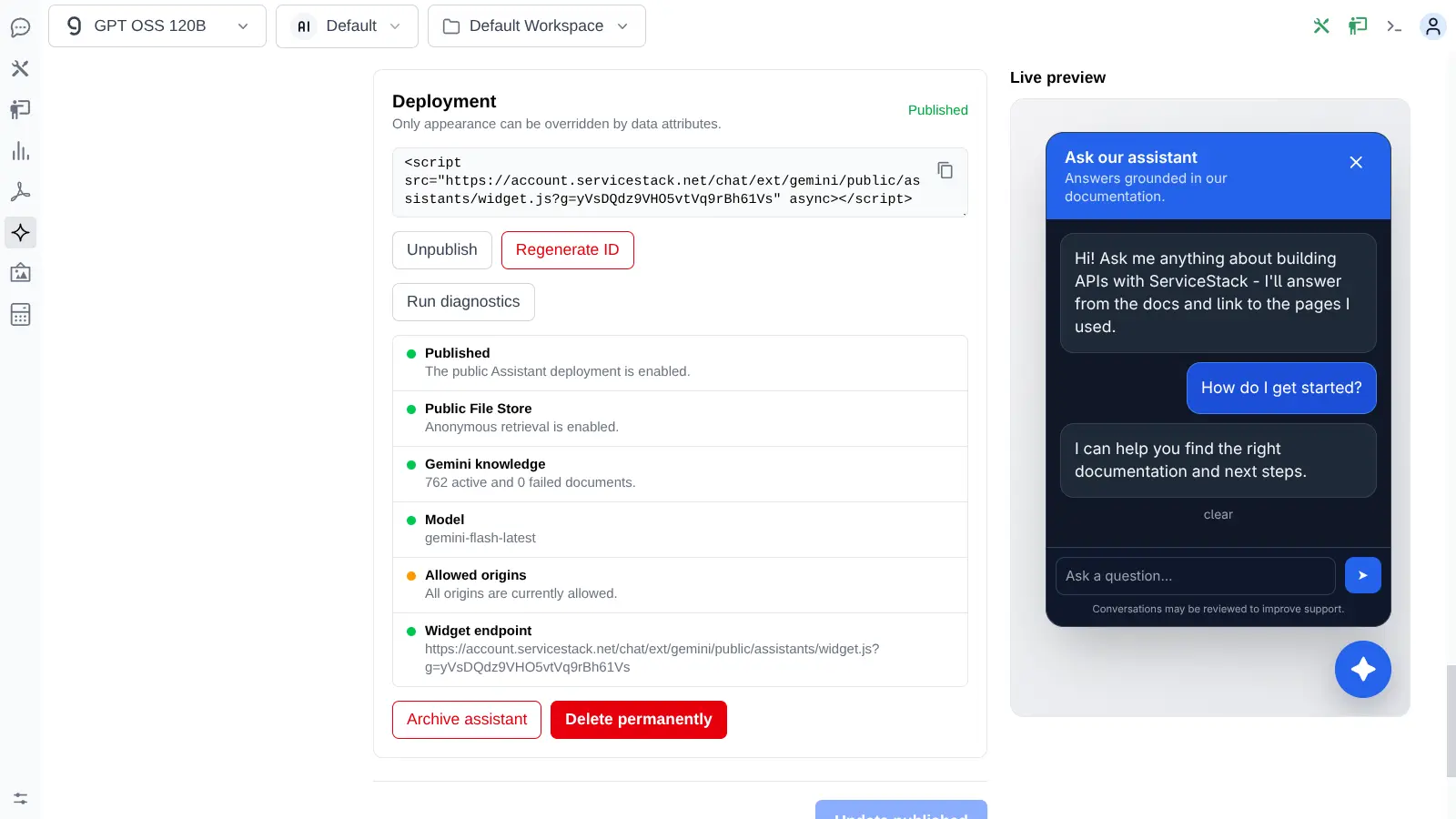 Deployment diagnostics results for a published widget