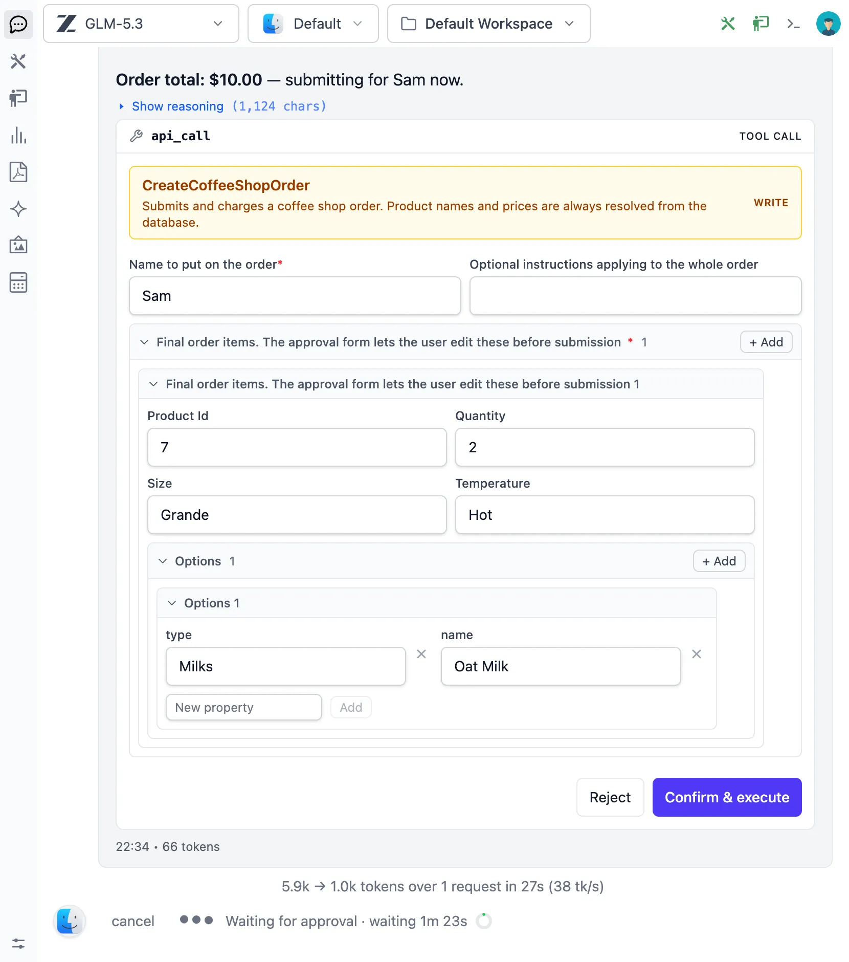 The schema-generated approval form for a CoffeeShop order