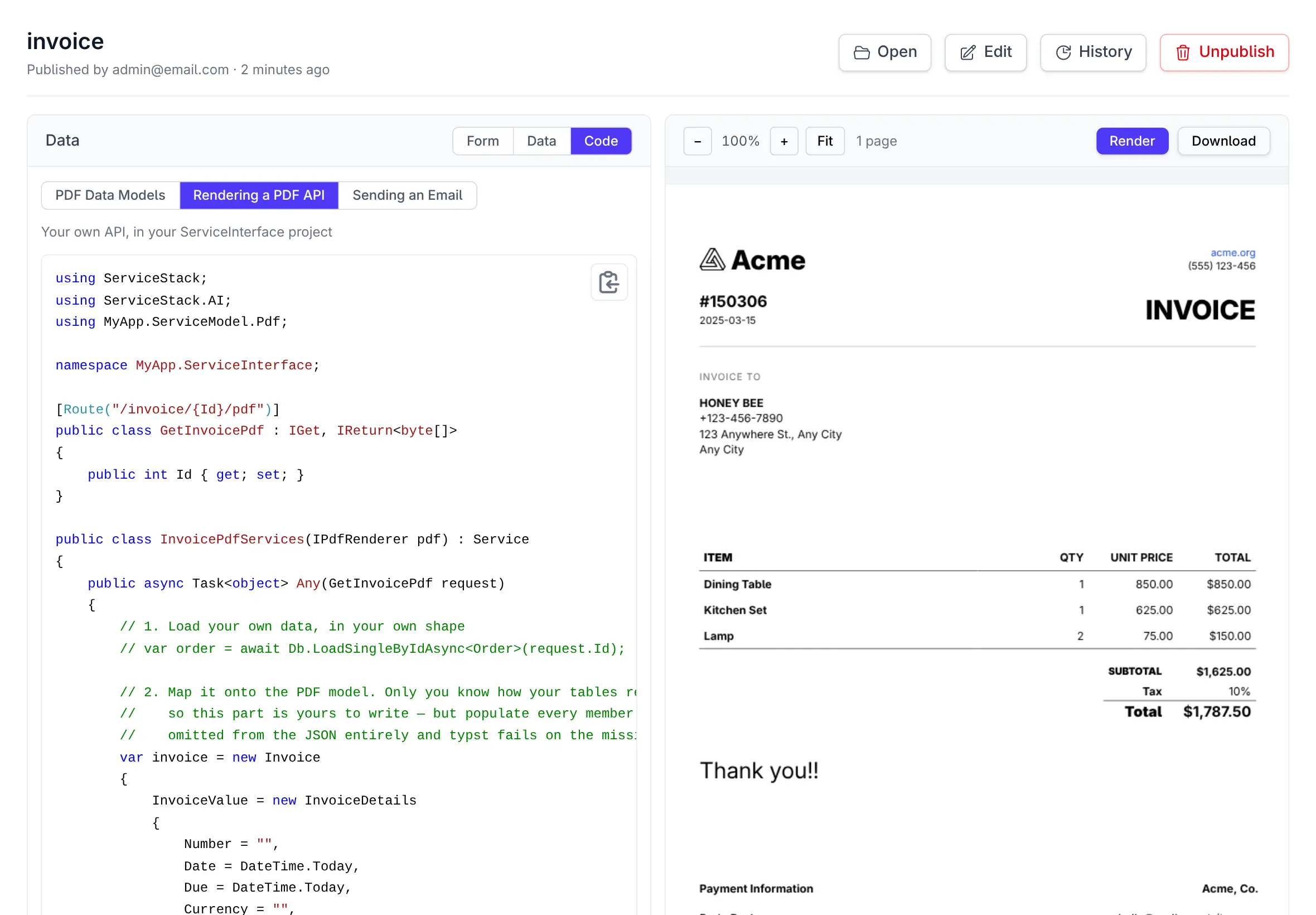 Generated C# PDF API with a strongly typed invoice object initializer and live PDF preview