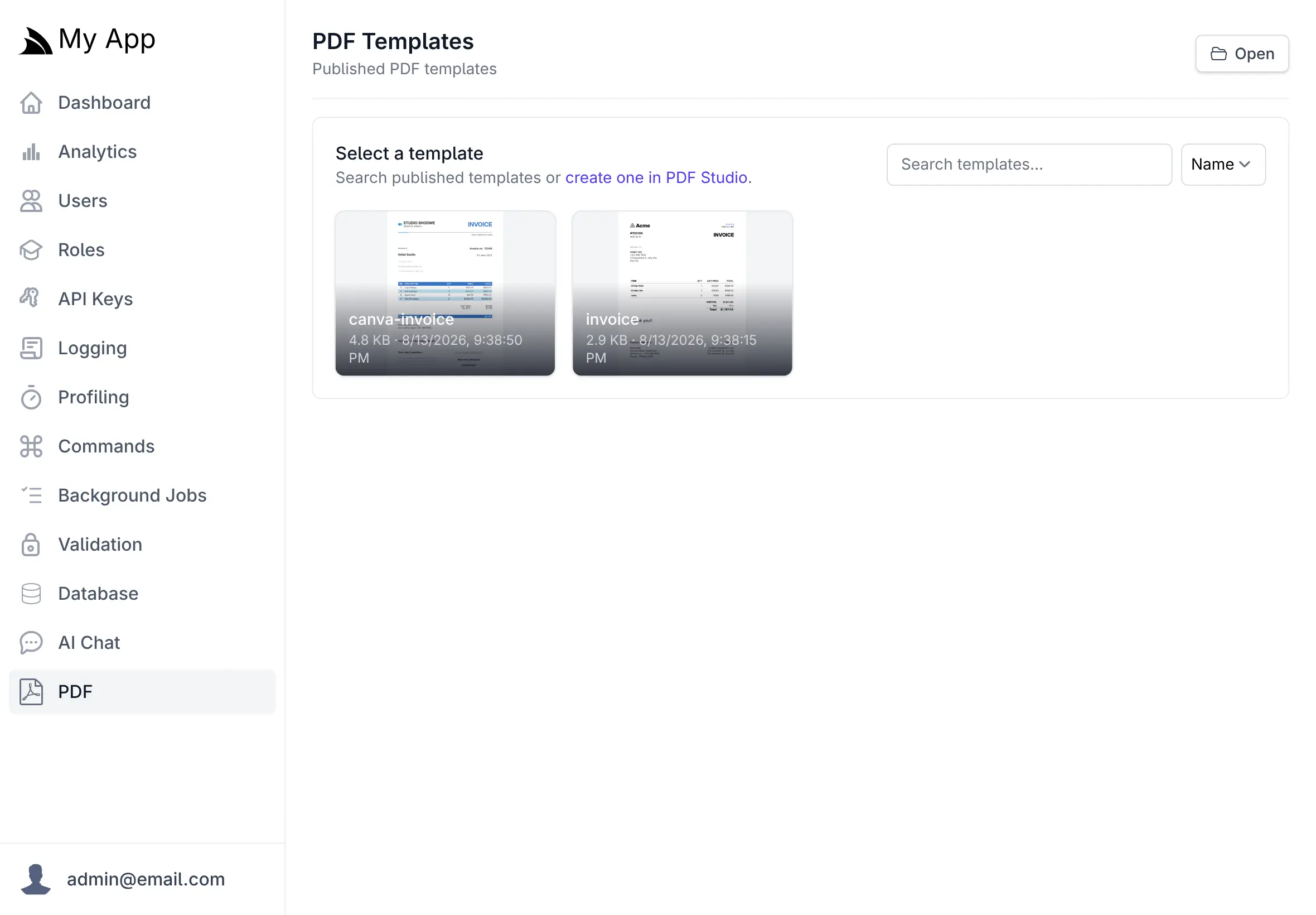 Published PDF template gallery in the Admin UI