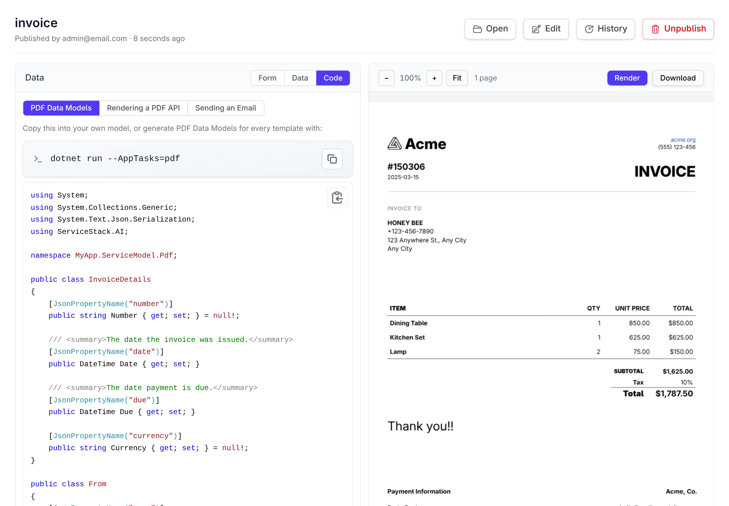 Generated C# PDF data model with copy controls and rendering examples
