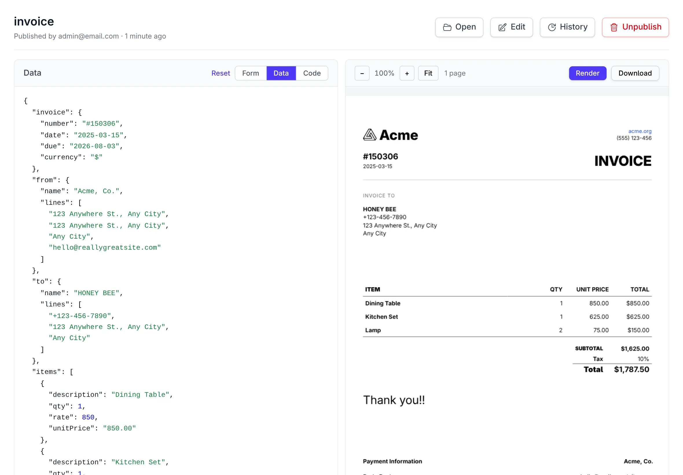 Invoice JSON data editor beside the live PDF preview
