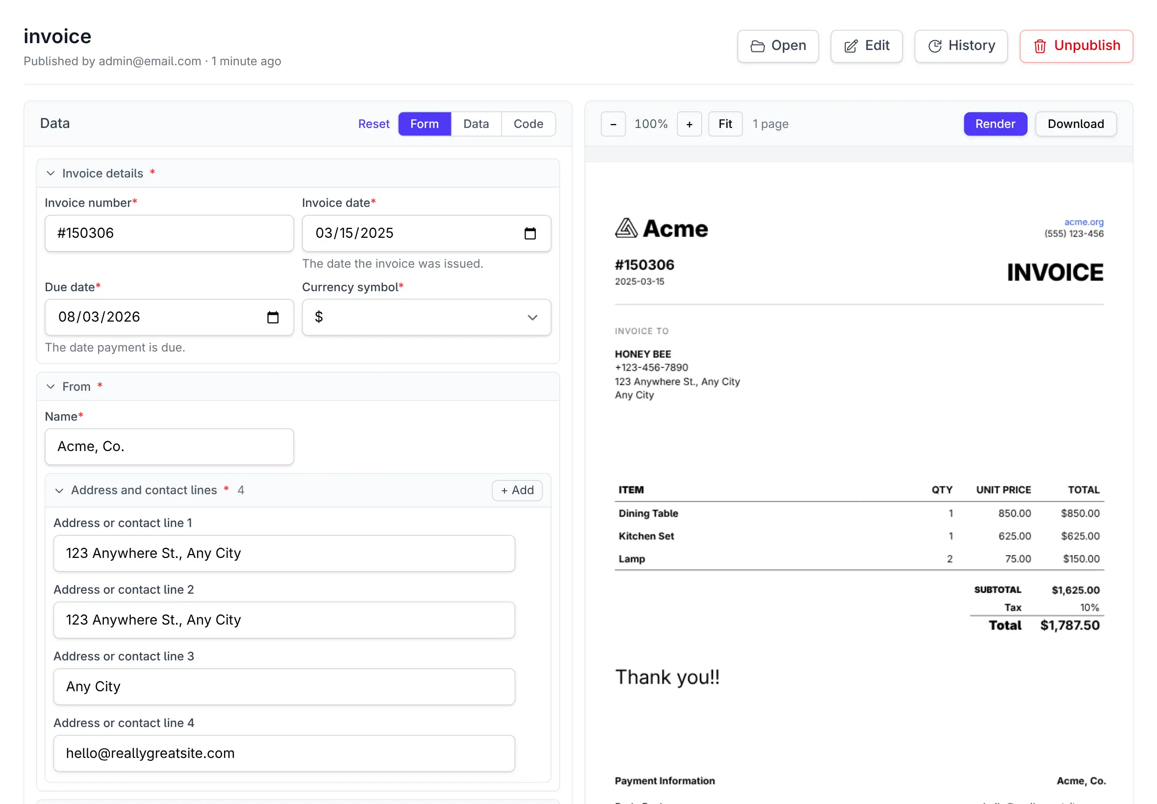 Schema-generated invoice form with nested fields and collection controls