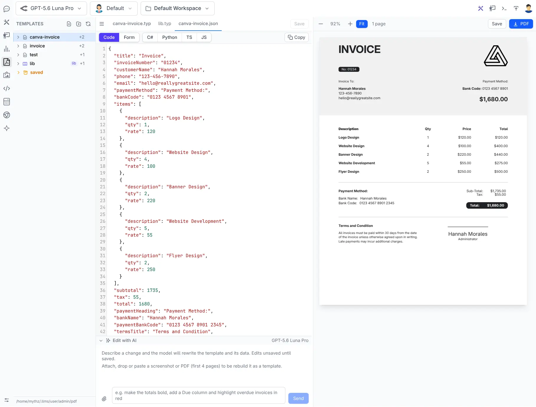 The same data edited as raw JSON