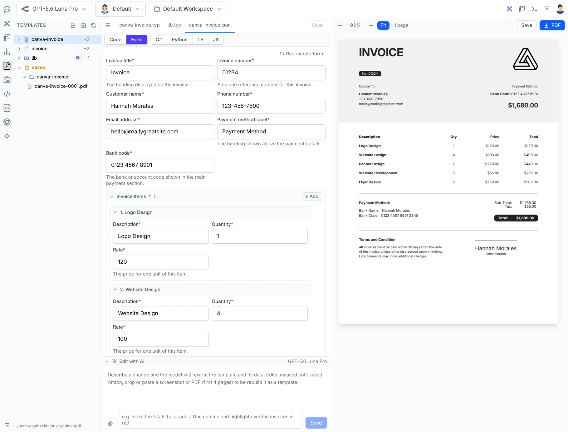 A template's data edited through a schema-driven form