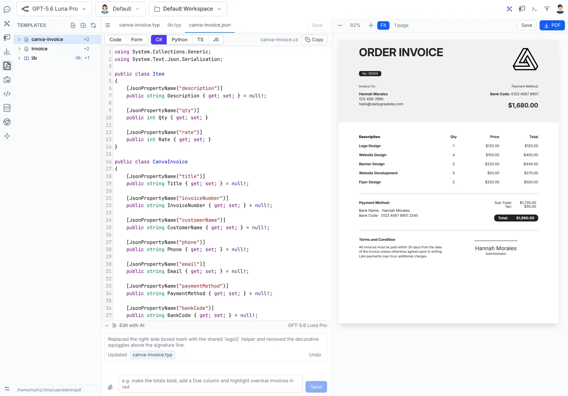 C# classes generated from the invoice template's schema