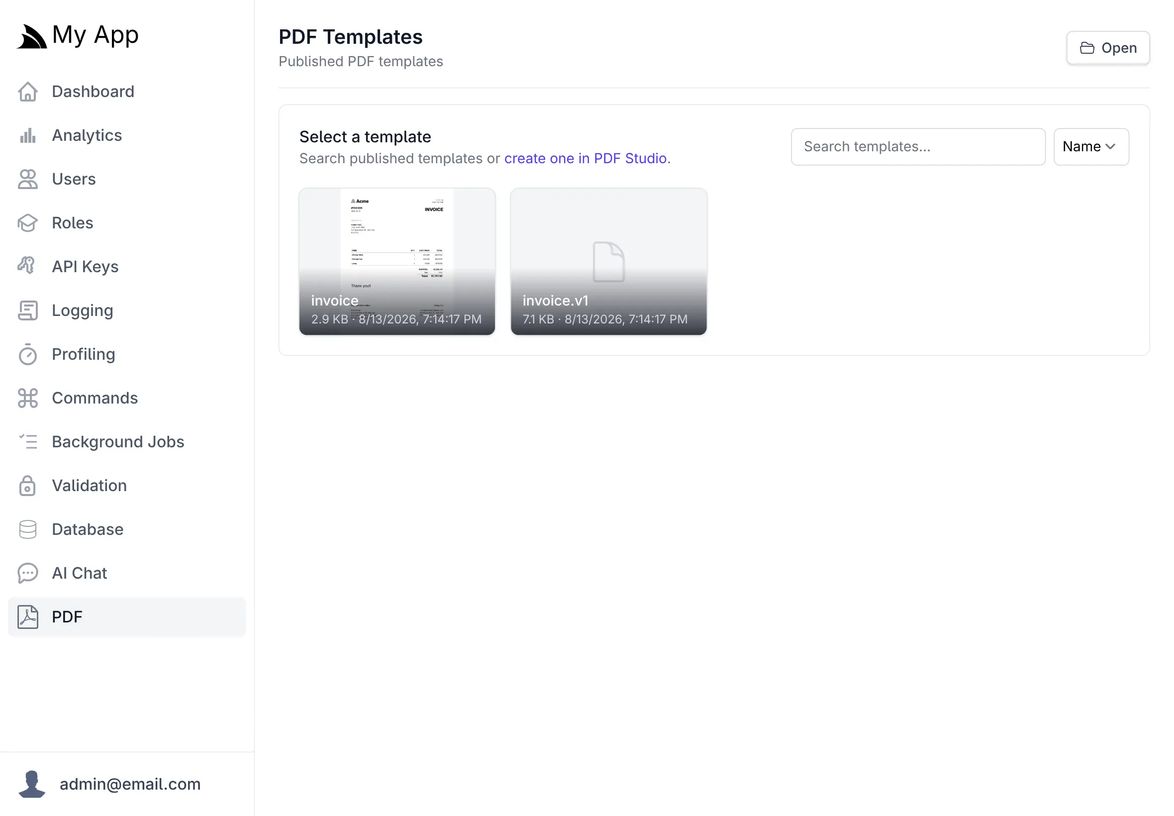 Published templates in the Admin UI