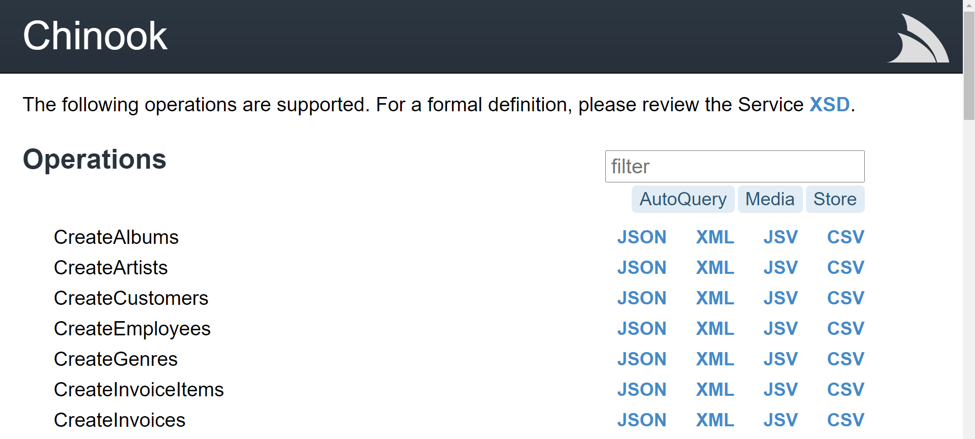 Metadata page of the Chinook sample application hosted at chinook.locode.dev