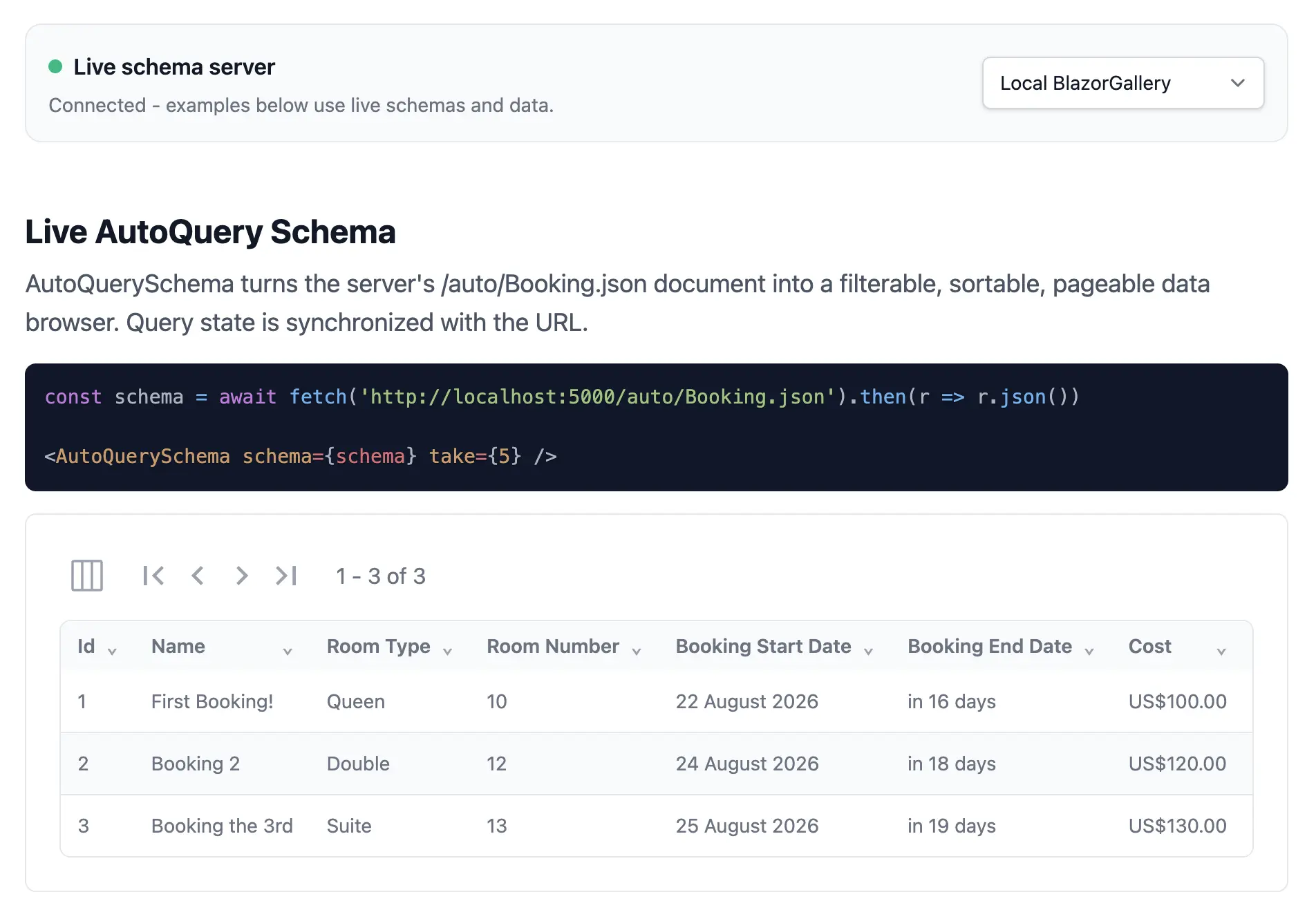React JSON Schema components rendering a live AutoQuery UI