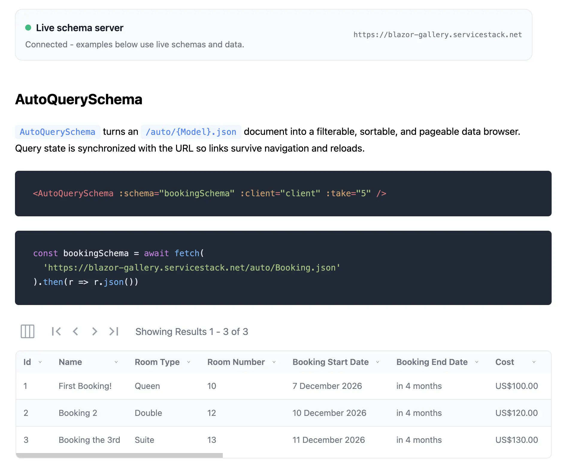 Vue JSON Schema components rendering a live AutoQuery UI